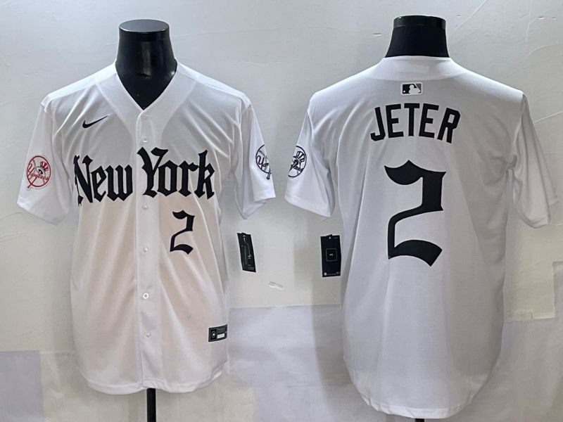 Men 2025 New York Yankees #2 Jeter White Five generations Joint Name Nike MLB Jersey style 12